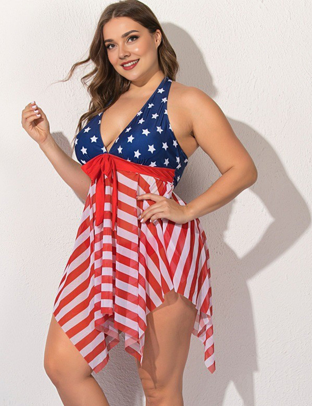 Plus Size American Flag Flowy Halter Swim Dress