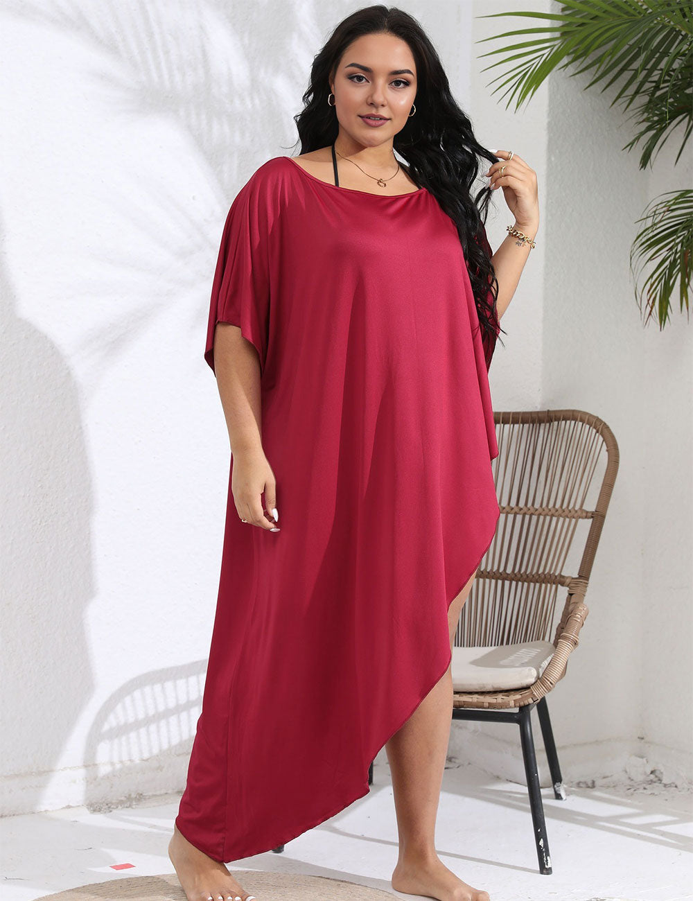 Plus Size Burgundy Oversized Swim Cover Up Dress