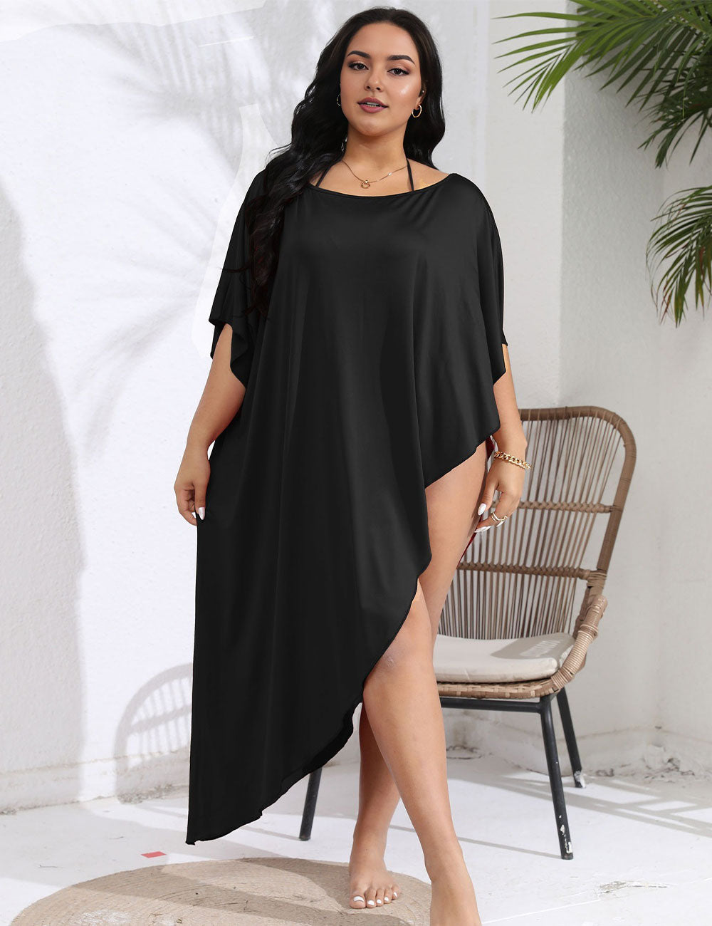 Black Plus Size Asymmetrical Beach Cover Up Dress