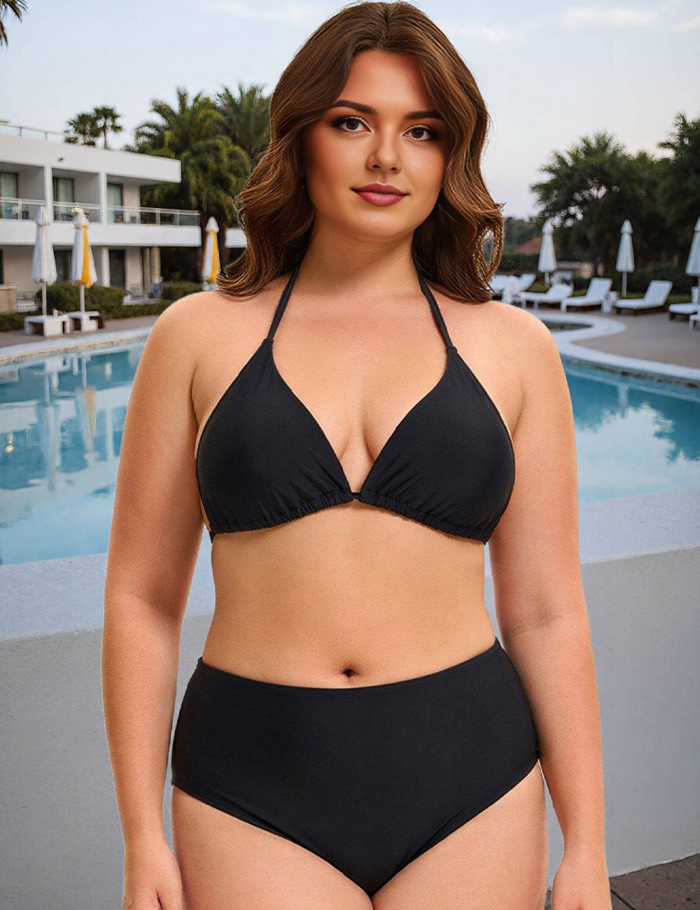 Plus Size Black Halter Triangle Bikini Set