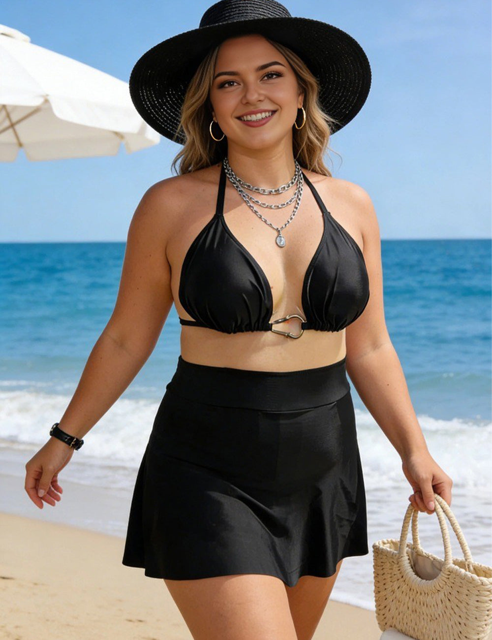 Plus Size Black Halter Bikini Set with High Waisted Skirt