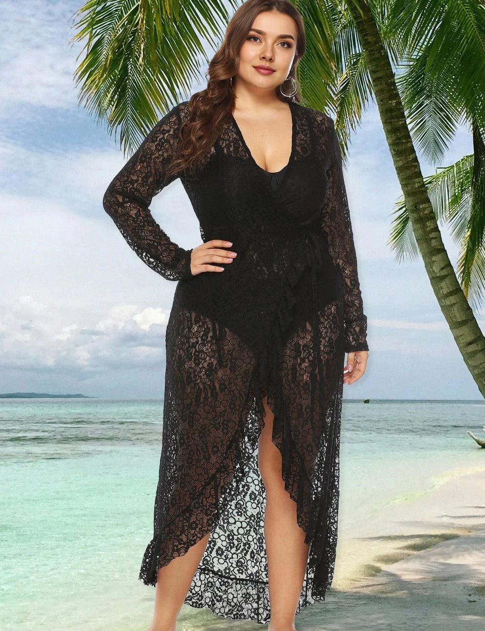 Plus Size Black Lace Swim Cover Up Dress Long