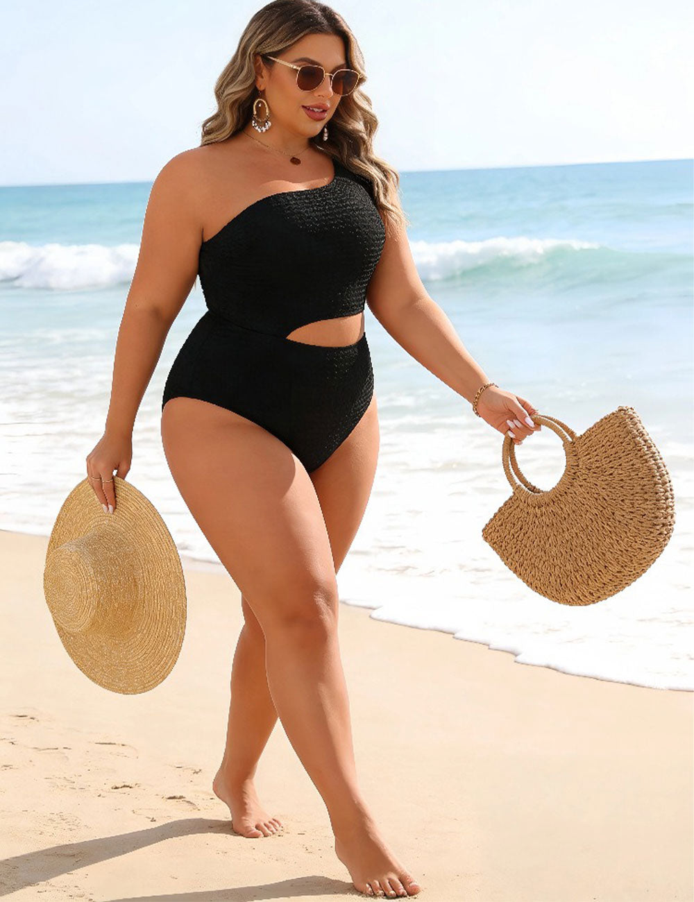 Black Plus Size One Shoulder Cut Out One Piece Swimsuit