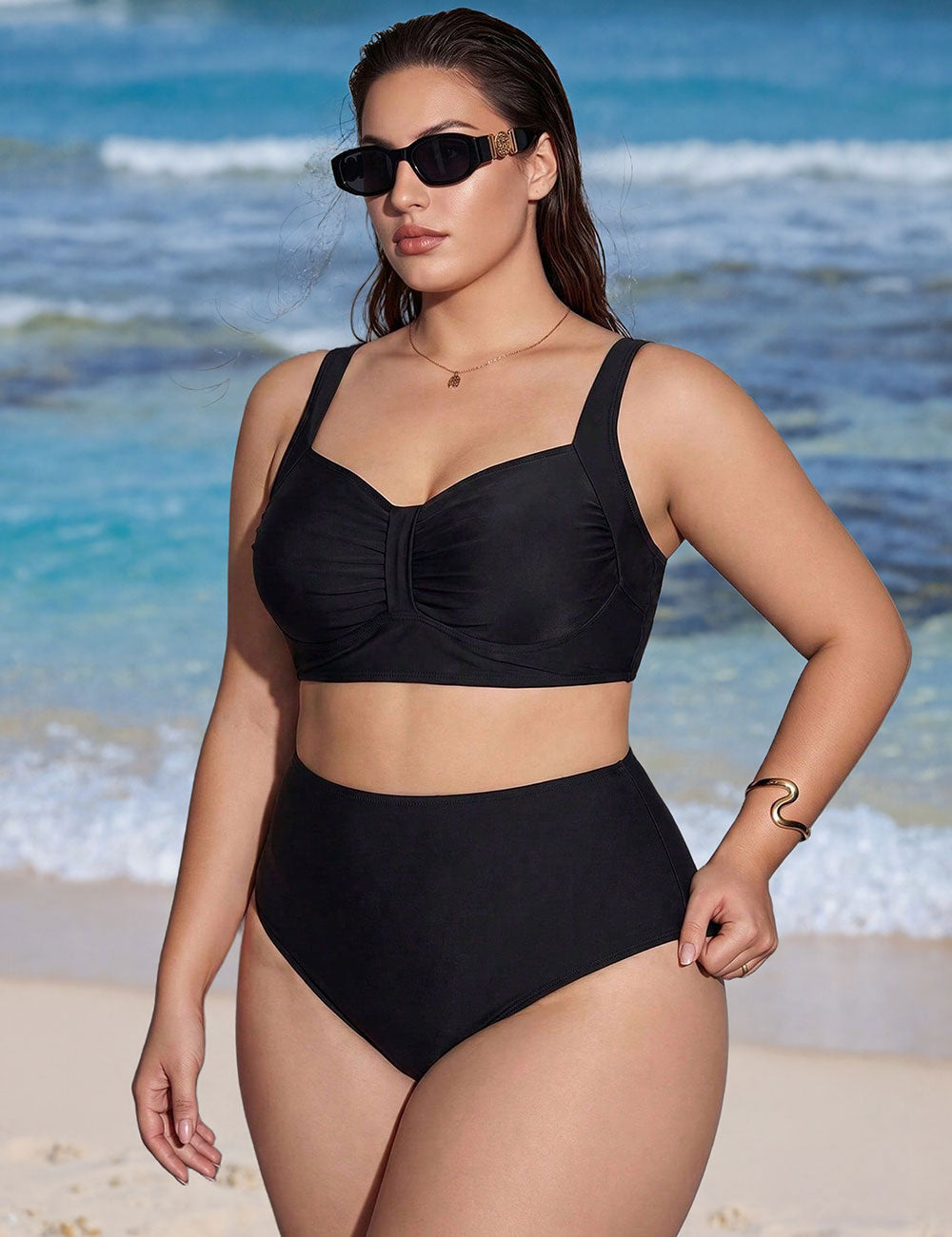 Black Plus Size Ruched High Waisted Bikini Set