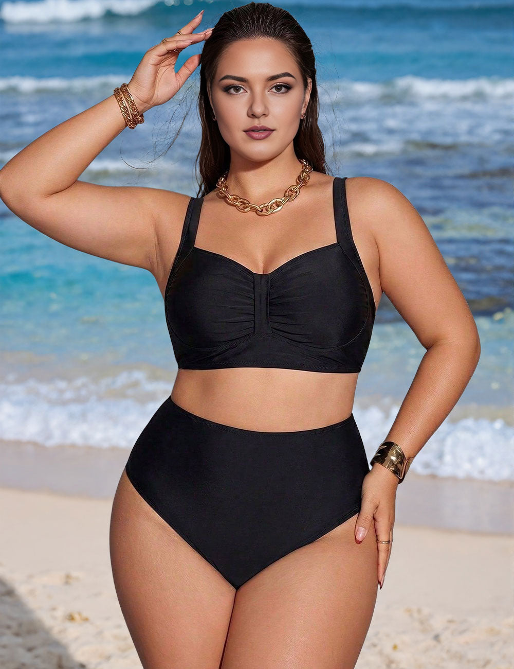 Women Plus Size Black Ruched High Waisted Bikini Set