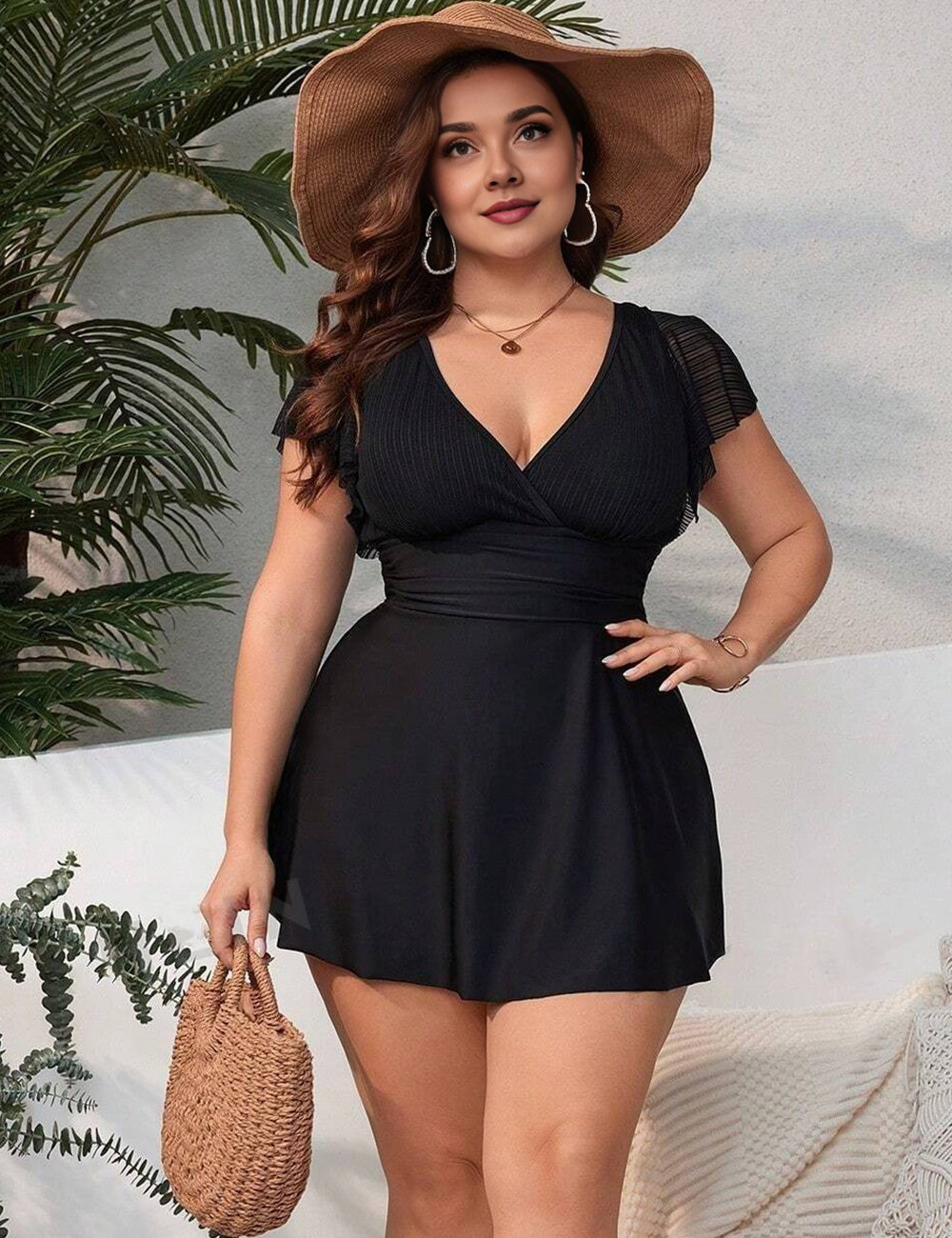 black swim dress plus size Women's Wrap Ruffle Sleeve – CURVY SWIM YGroup_vinelle-long-sleeve-mini-dress Size:40 in. A Line V Neck streamlined silhouette.