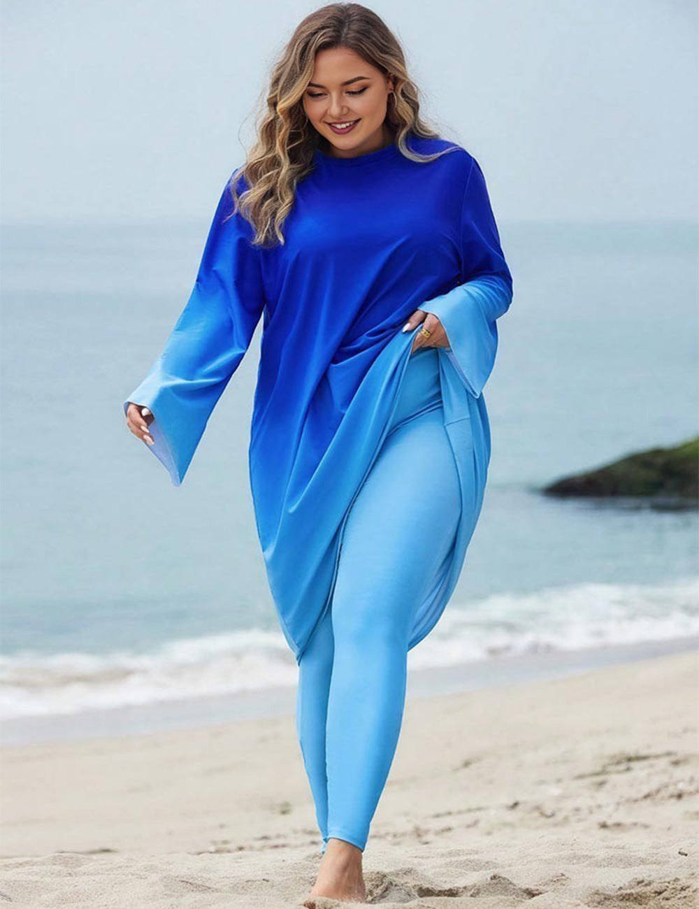 Plus Size Blue Gradient 3-Piece Modest burkini Swimsuit