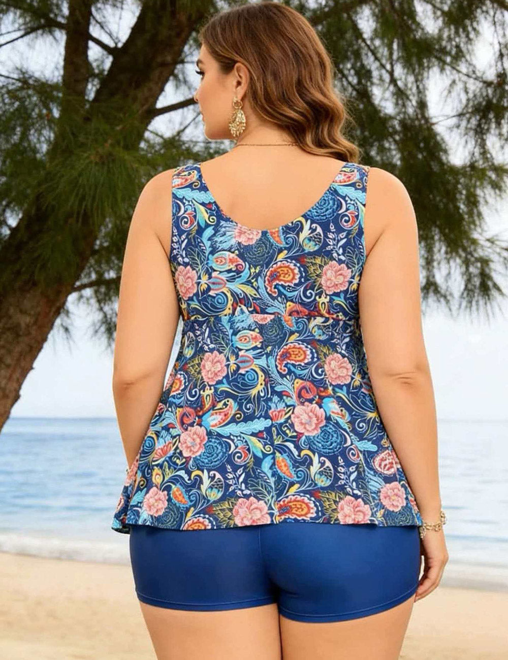 Plus Size Blue Vintage Paisley Tankini Two Piece Bathing Suits