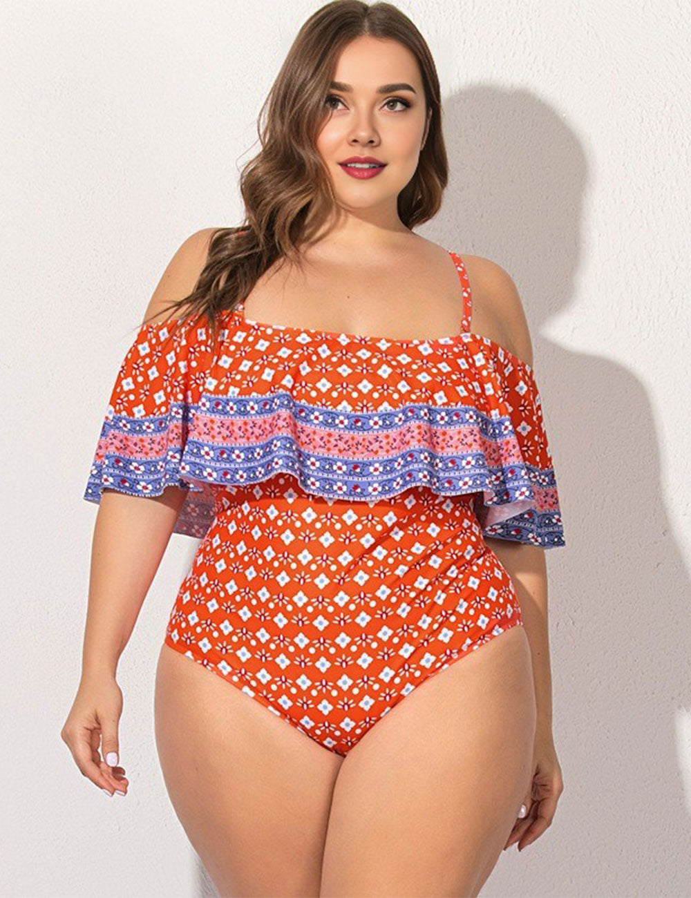 Plus Size Orange Boho Ruffle Off Shoulder One Piece Swimsuit