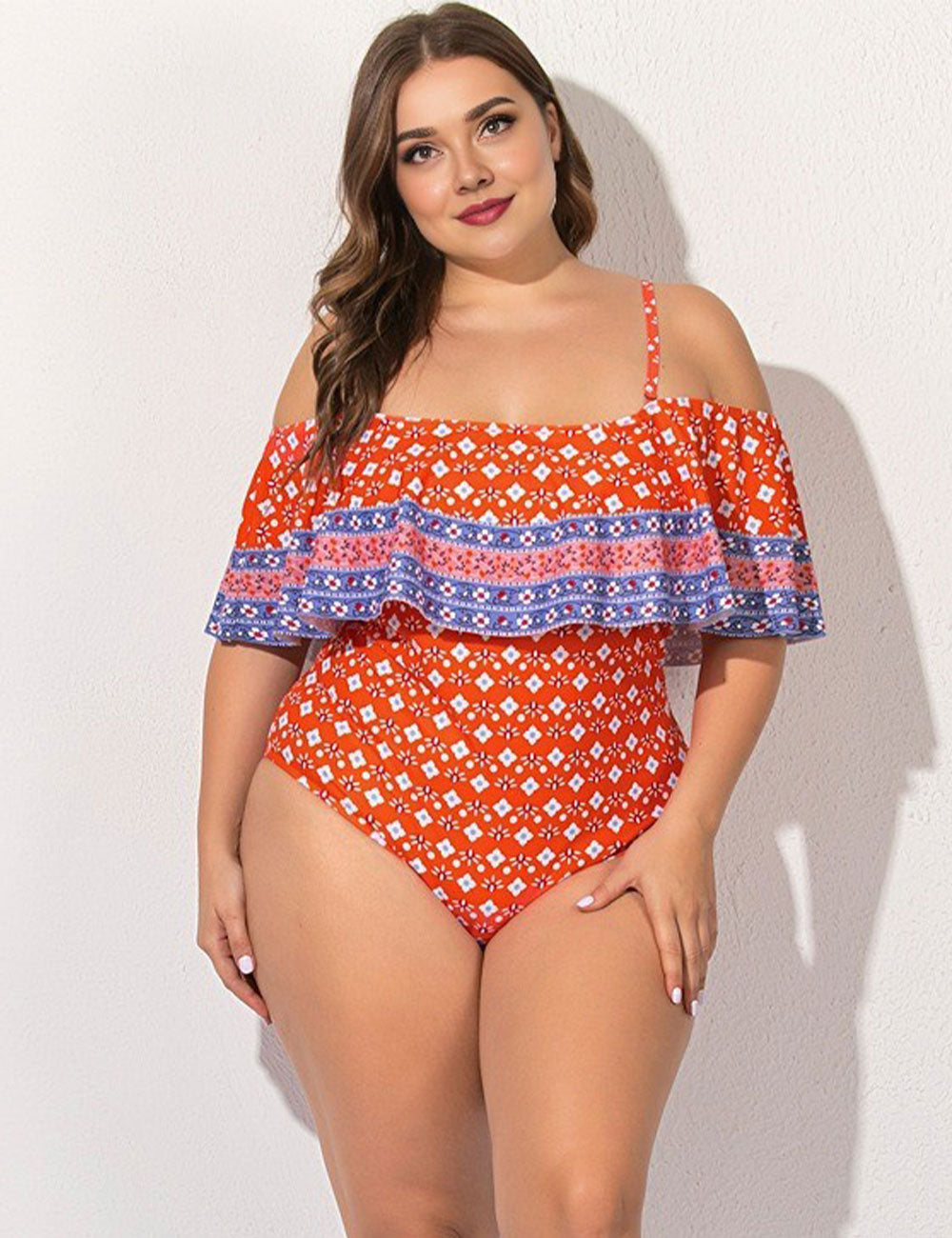 Plus Size Boho Ruffle Off the Shoulder Swimwear Orange