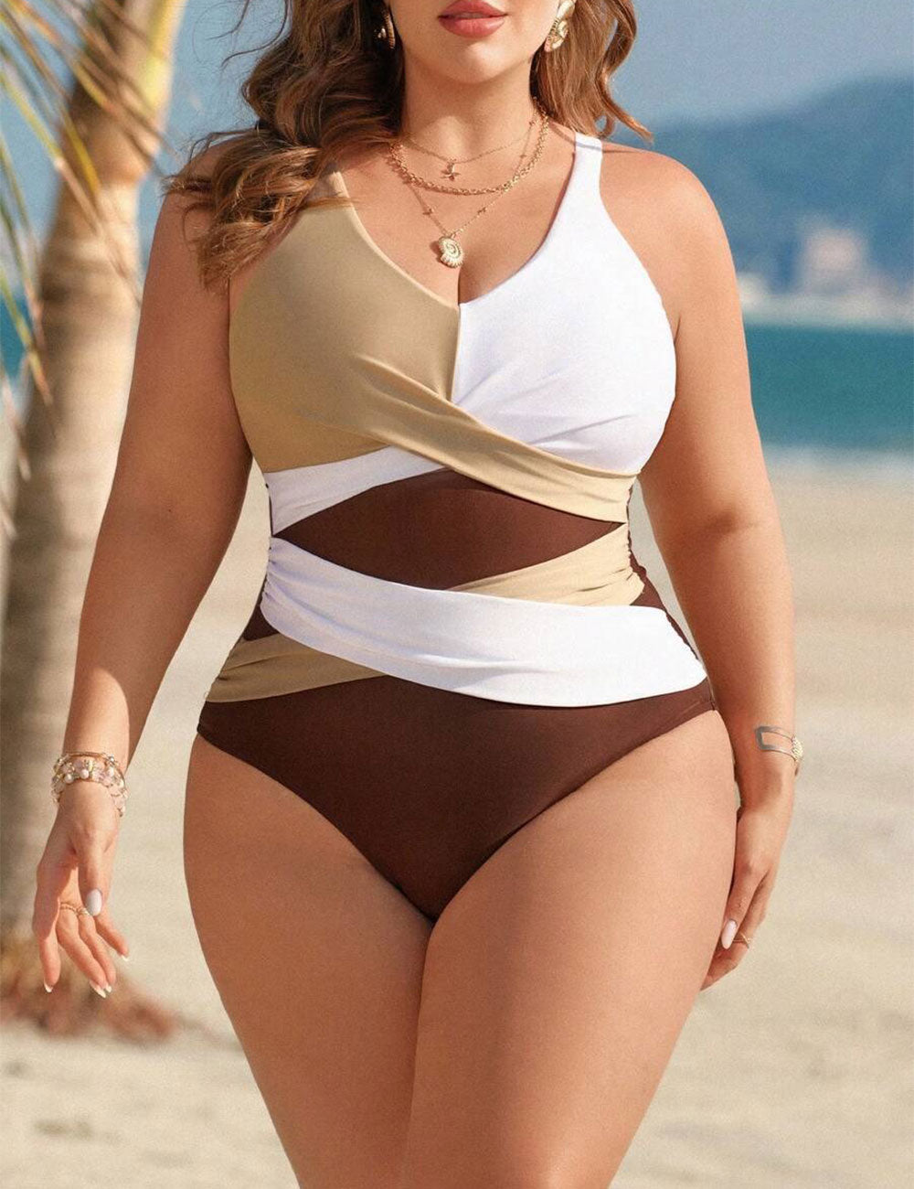 Plus Size Wrap Tummy Control Color Block One Piece Swimsuit