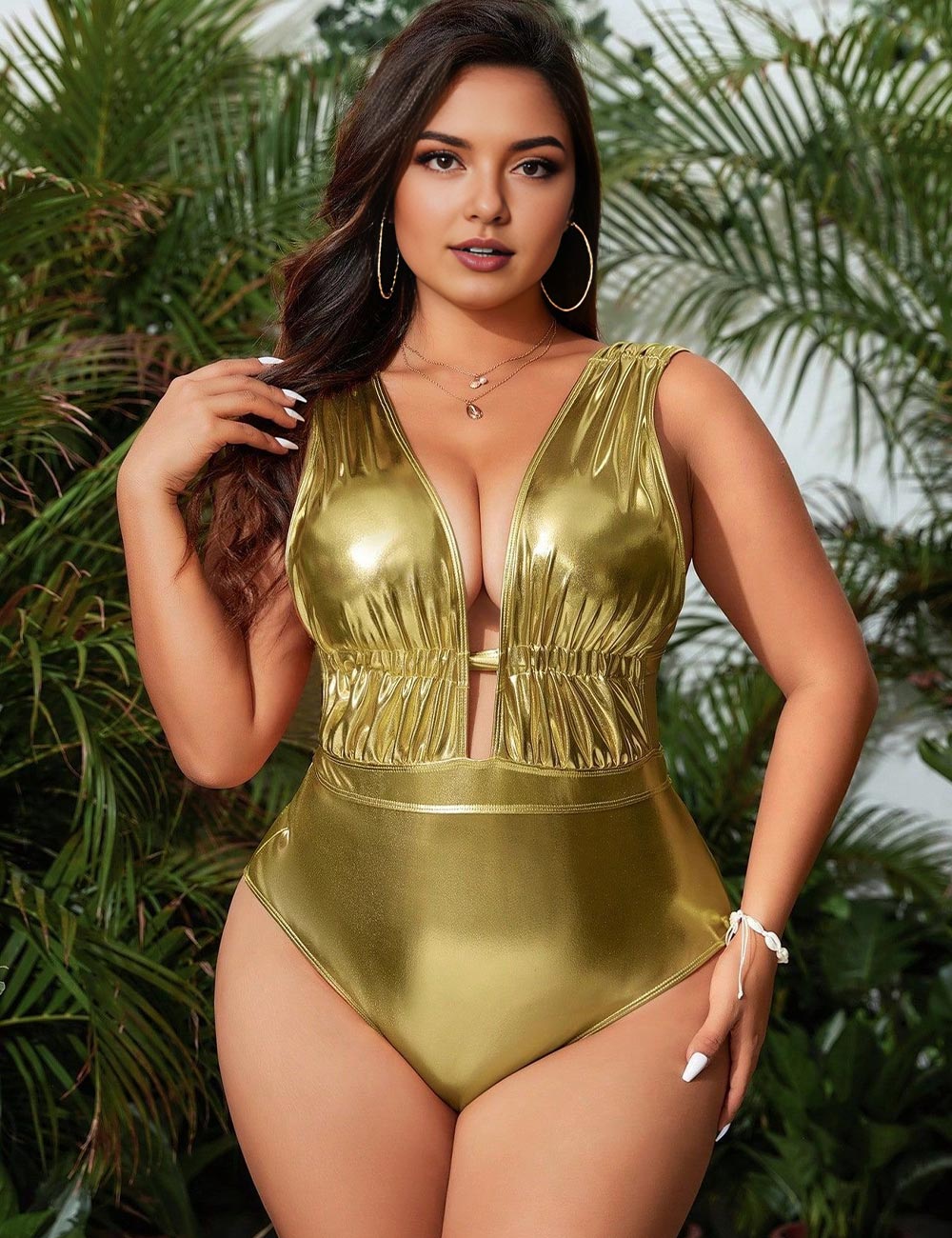 Plus Size Gold Metallic Ruched Cut-Out One Piece Swimsuit