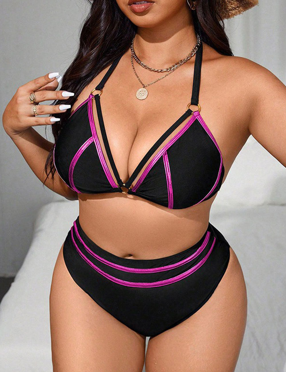 Plus Size Halter Metallic Triangle Bikini Set Purple