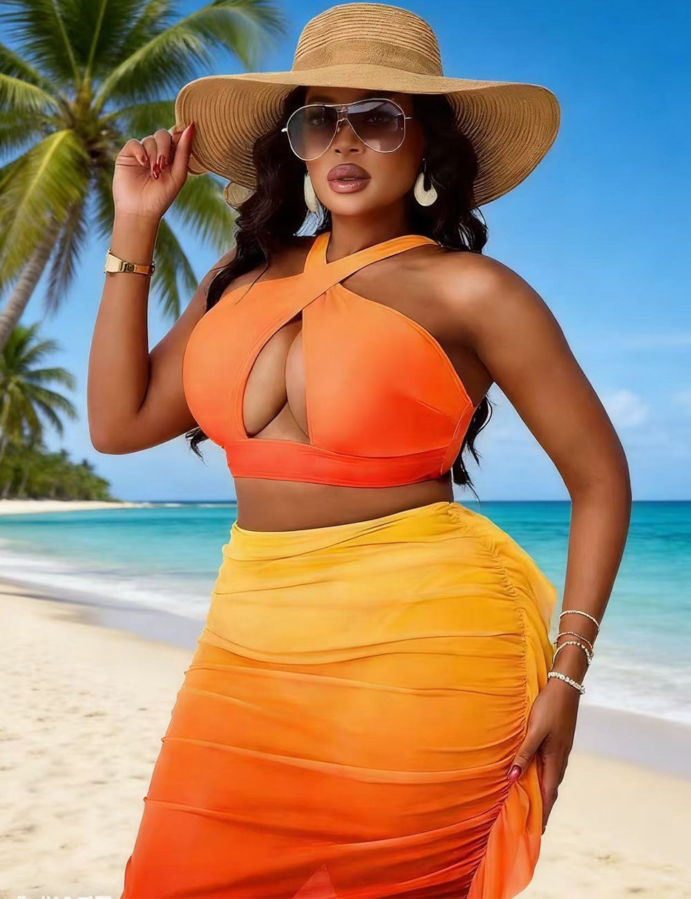 Plus Size Ombre 3 Piece Cross Halter Bikini Set with Skirt