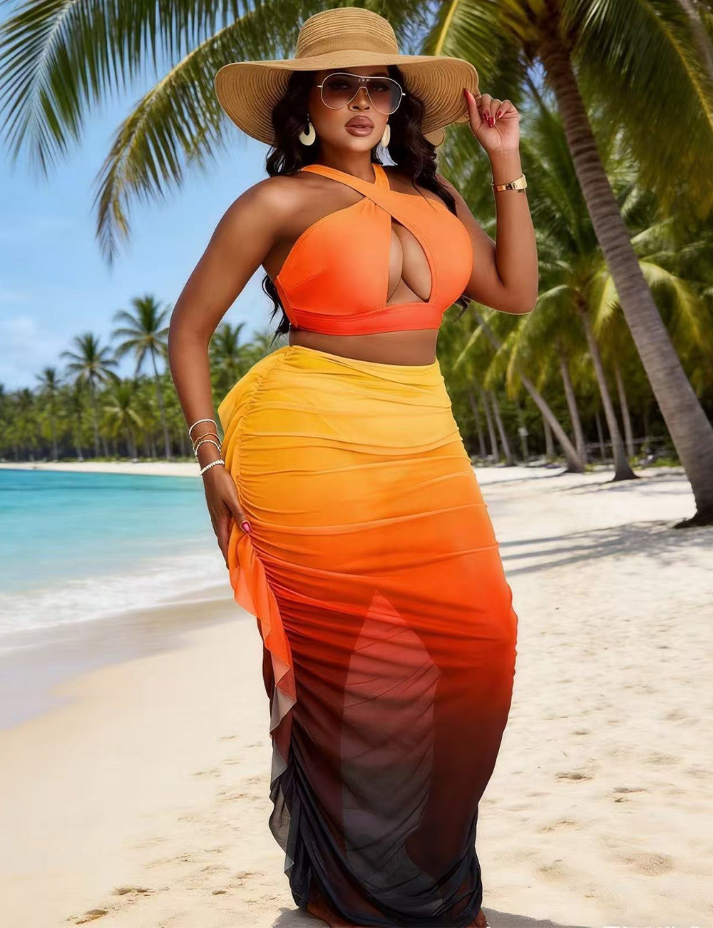 Plus Size Ombre 3 Piece Bikini Set with Sarong