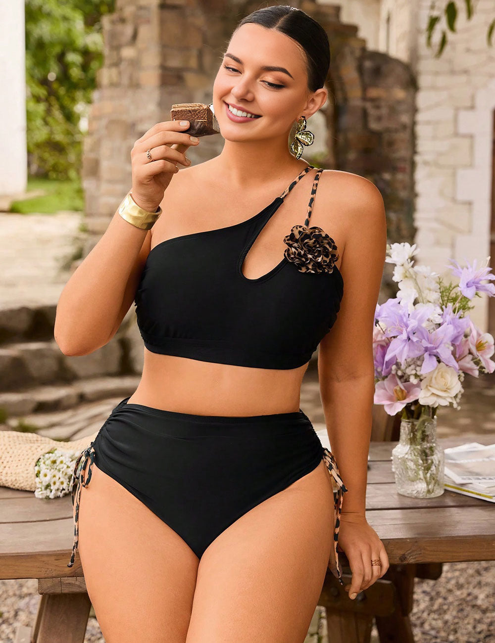 Plus Size Asymmetrical One-Shoulder Floral Accent Black Bikini Set