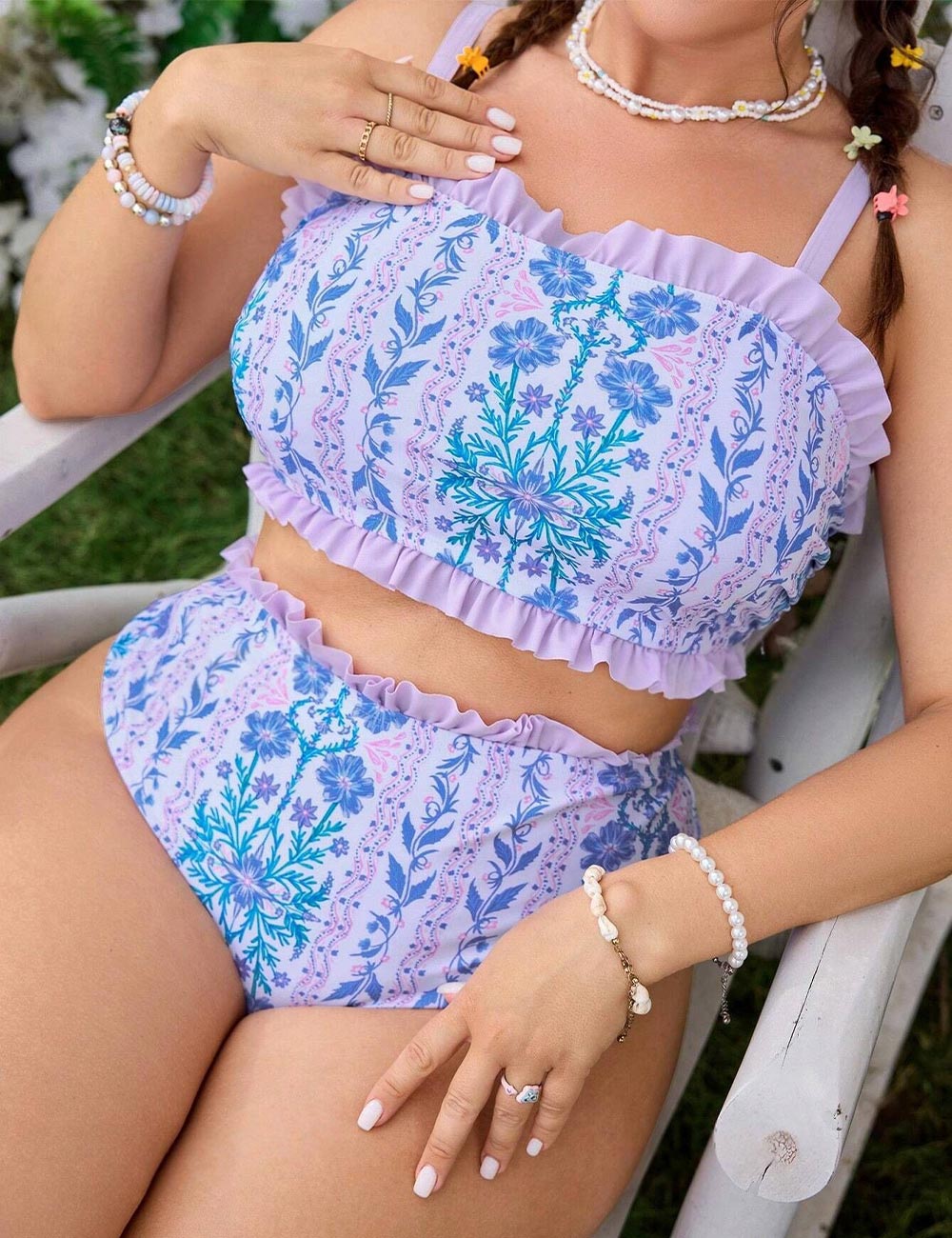 Plus Size Purple Floral High Waisted Ruffle Bikini Set
