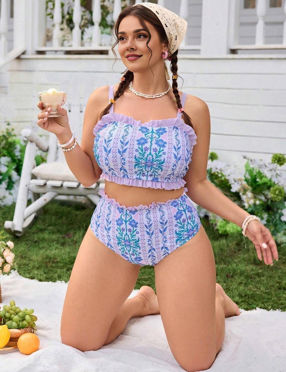 Plus Size Lavender Floral High Waisted Ruffle Bikini Set