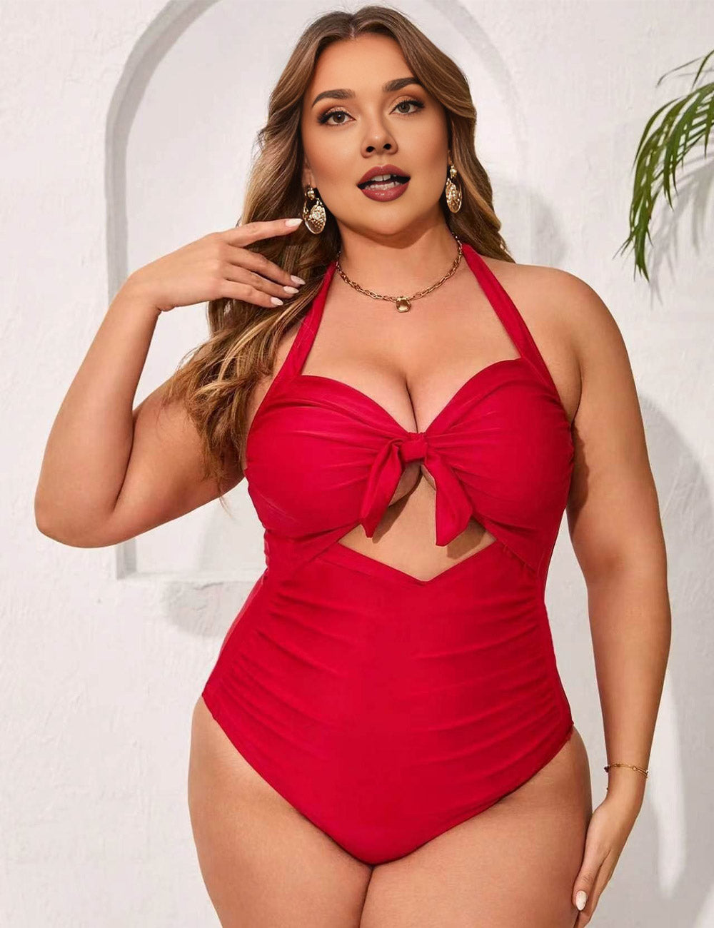 Plus Size Red Halter Ruched Tummy Control One Piece Swimsuit