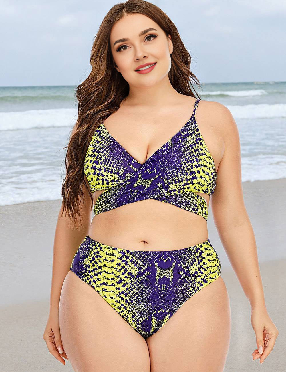 Plus Size Snake Print Cross Front Wrap Bikini Set