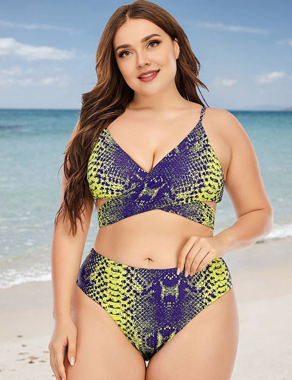 Plus Size Snake Print Wrap Cross Front Bikini