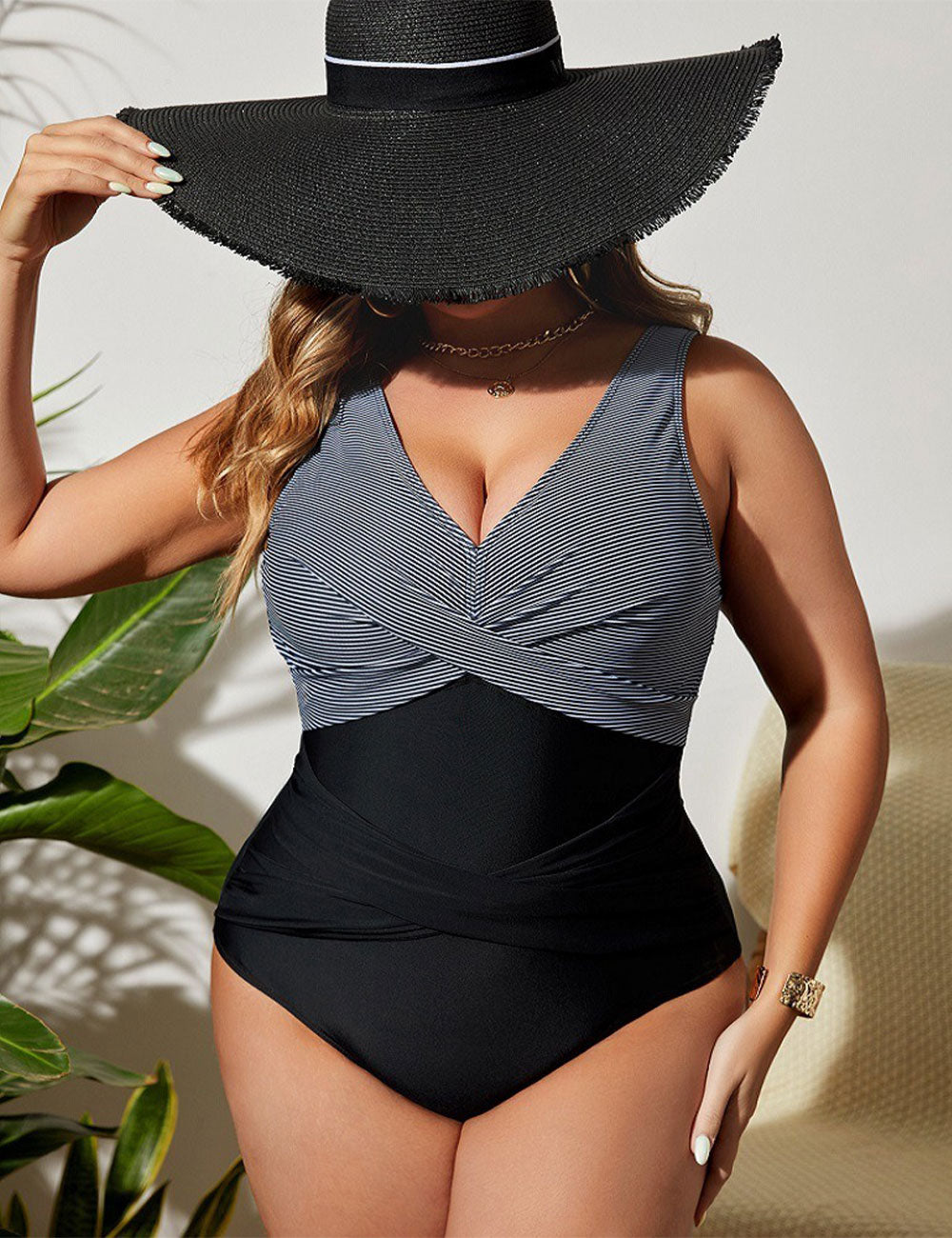 Plus Size V Neck Wrap Tummy Control One Piece Swimsuit