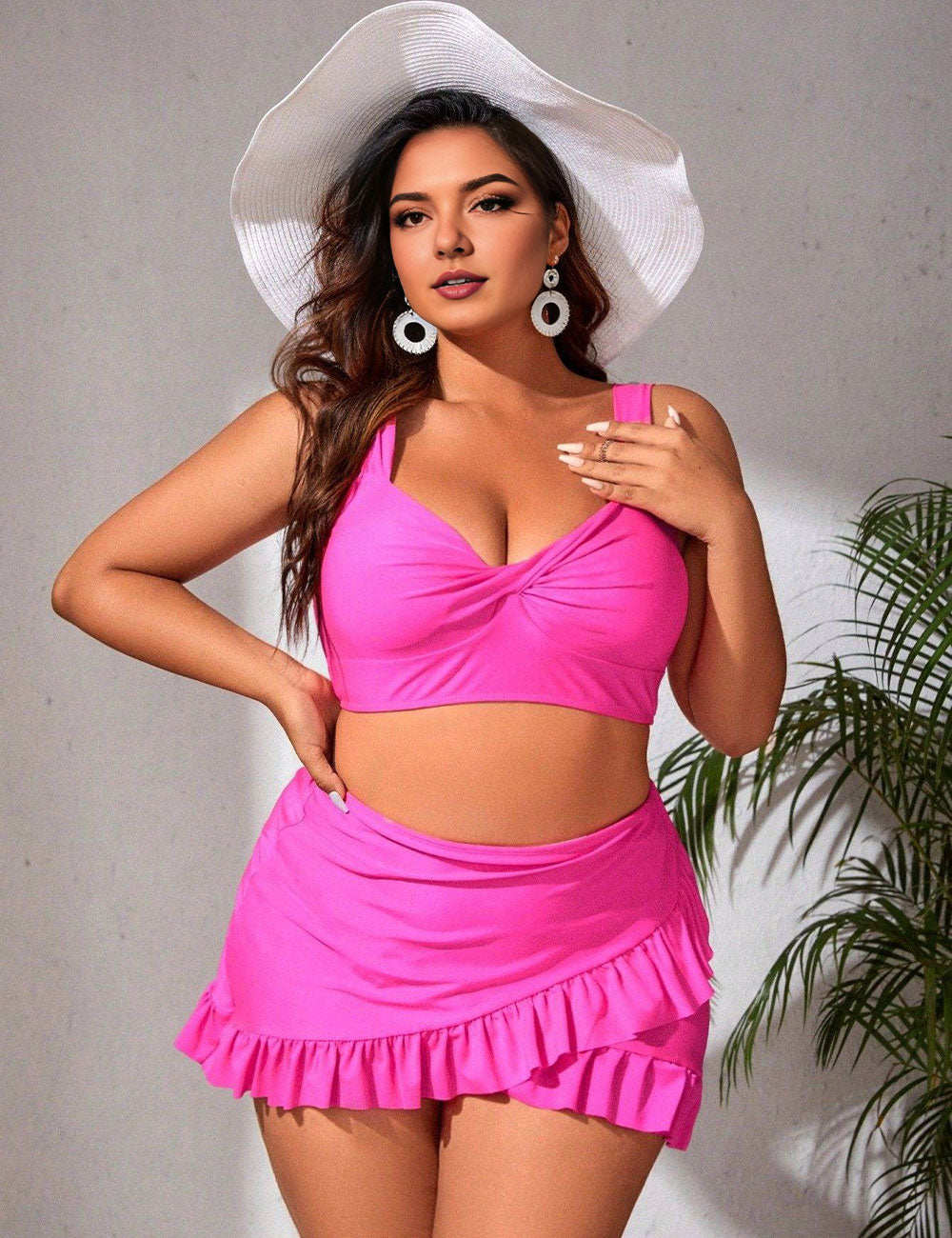Plus Size Hot Pink Twist Front Ruffle Skirt Two Piece Swimsuit