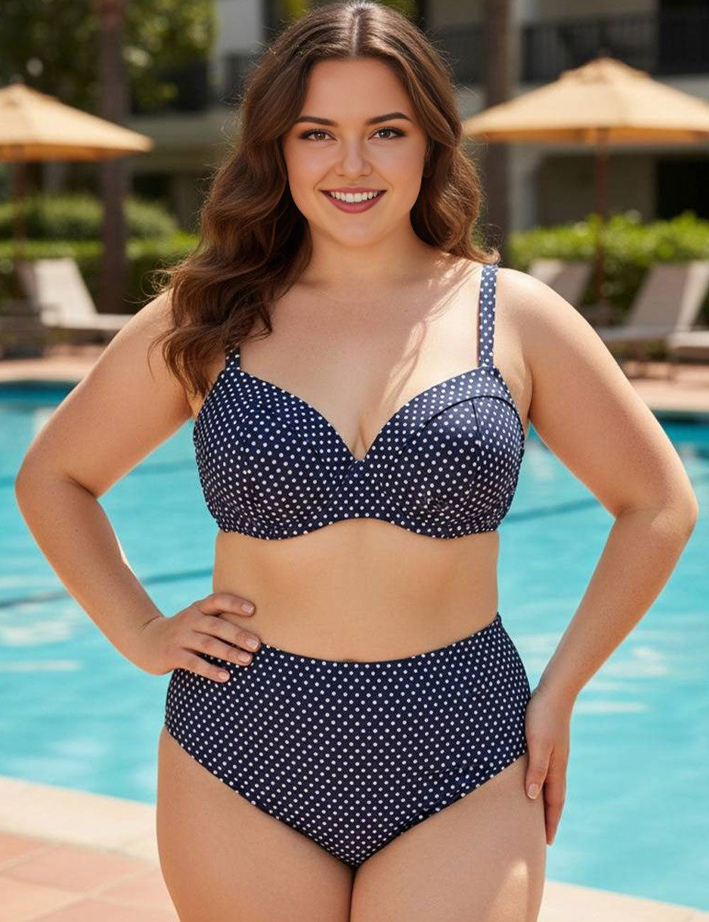 Plus Size Vintage Navy Polka Dot High Waisted Bikini Set