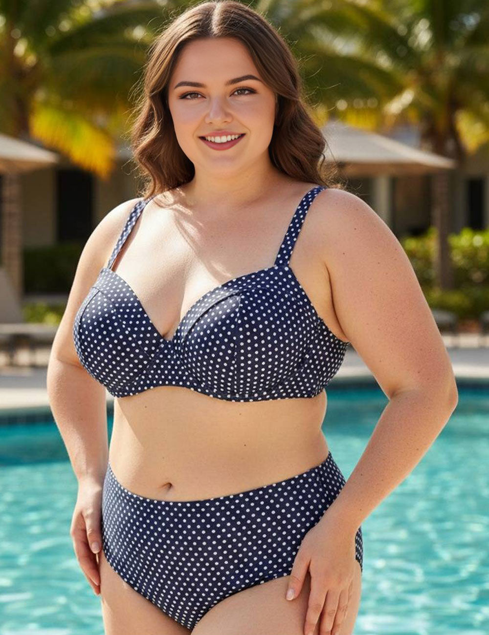 Women Plus Size Vintage Navy Polka Dot High Waisted Bikini
