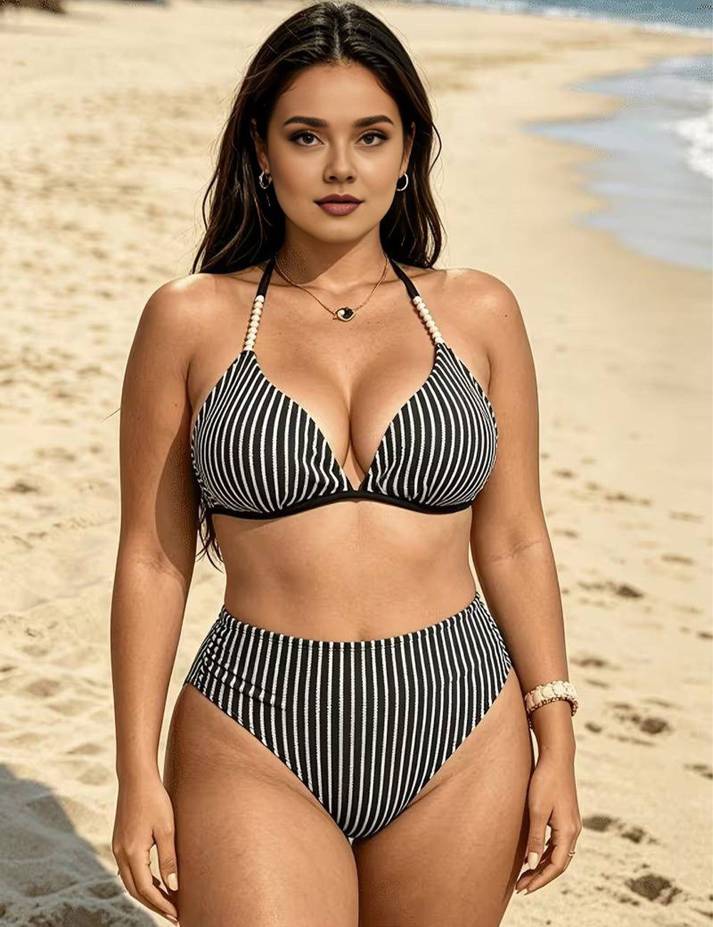 Plus Size Black Striped Halter Triangle Bikini Set