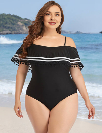 Plus Size Black Off Shoulder Ruffle One Piece Swimsuit