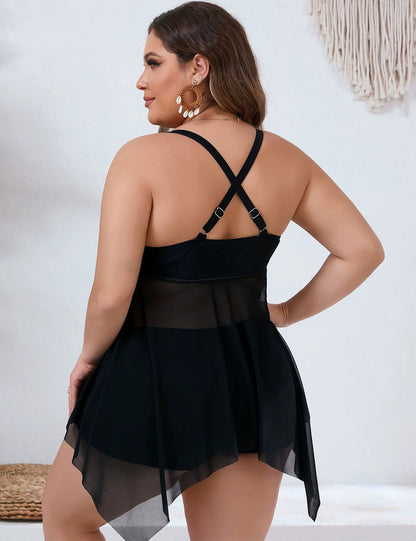 Plus Size Black Cut Out Mesh Swim Dress