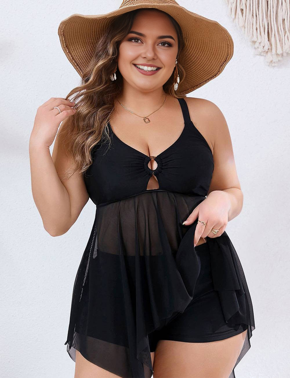 Plus Size Black Cut Out Mesh Swim Dress