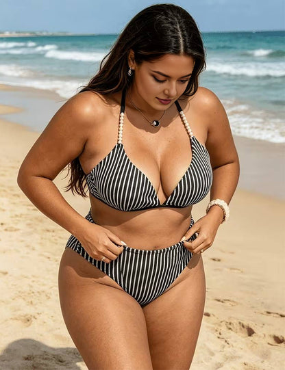 Plus Size Black Striped Halter Triangle Bikini Set