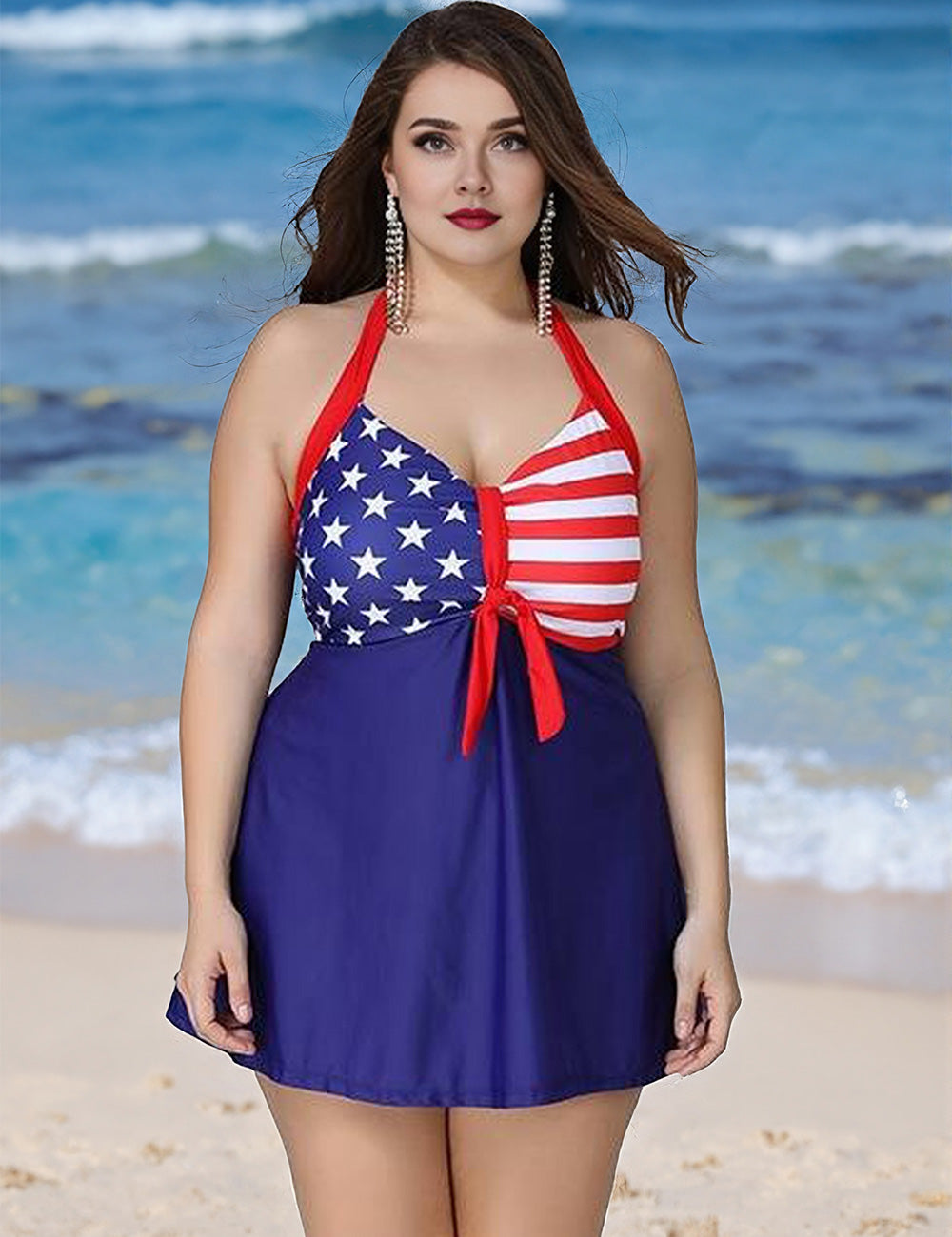 Plus Size American Flag Halter Neck Swim Dress