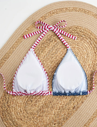 Plus Size American Flag Triangle Bikini Top with Built-in Padding