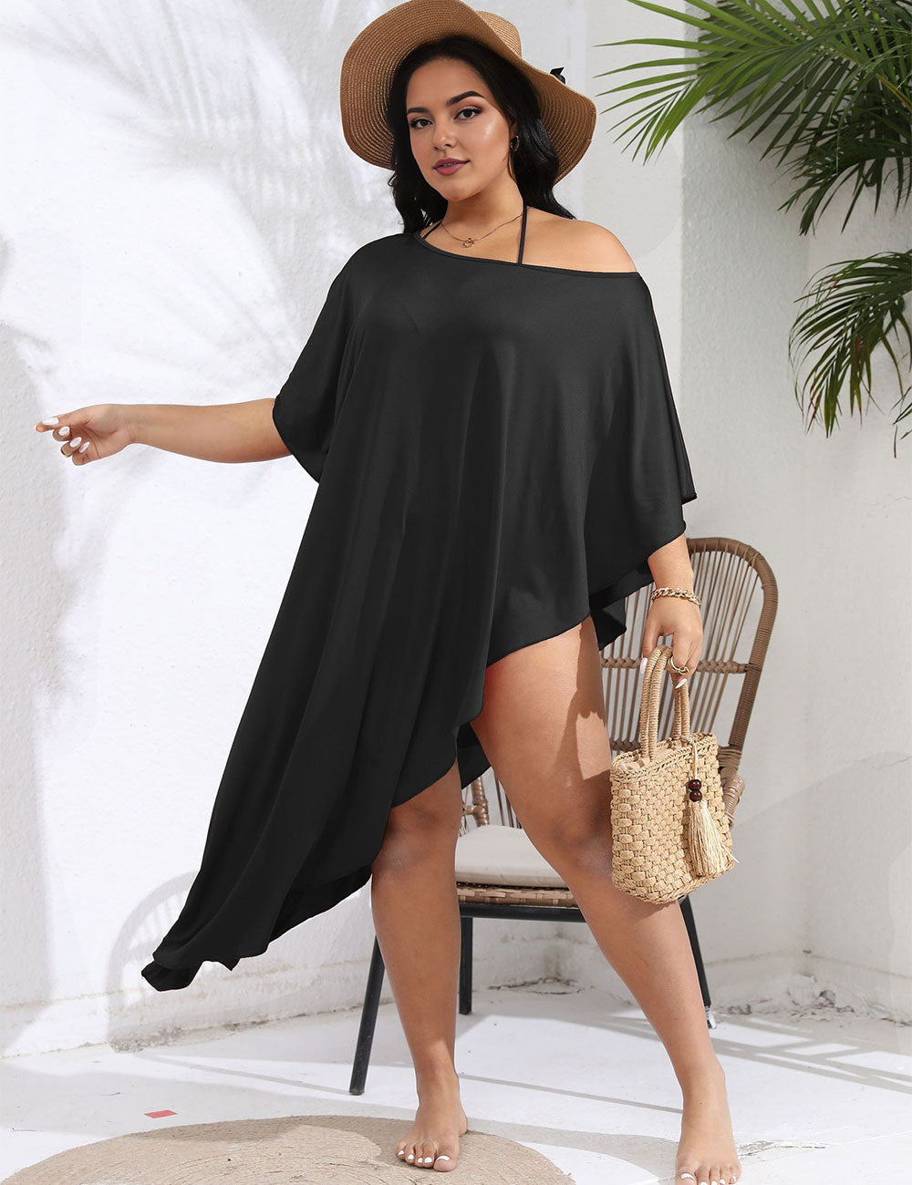 Plus Size Black Asymmetrical Beach Cover Up Dress