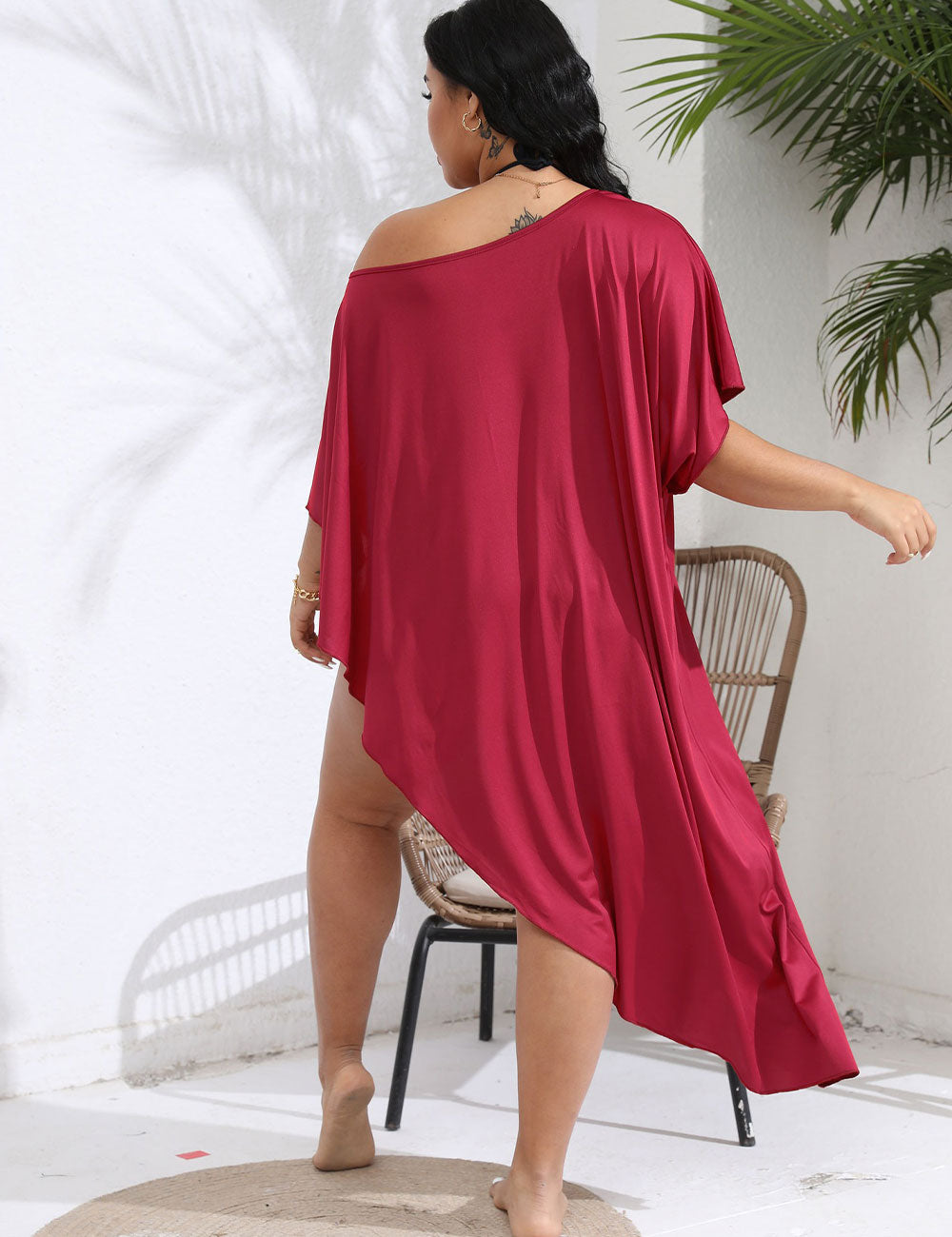 Plus Size Asymmetrical Beach Cover Up Dress Burgundy
