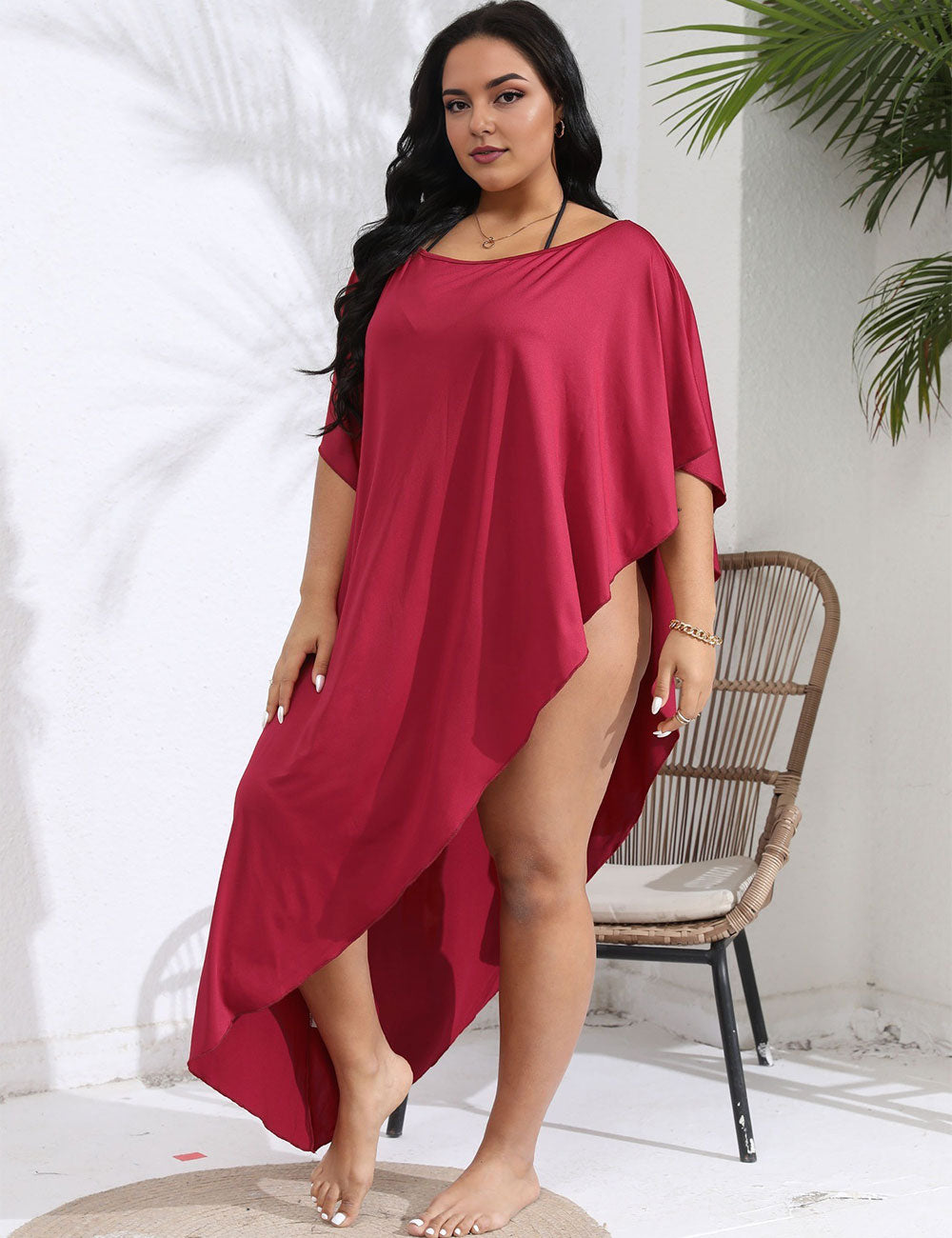 Burgundy Plus Size Asymmetrical Beach Cover Up Dress