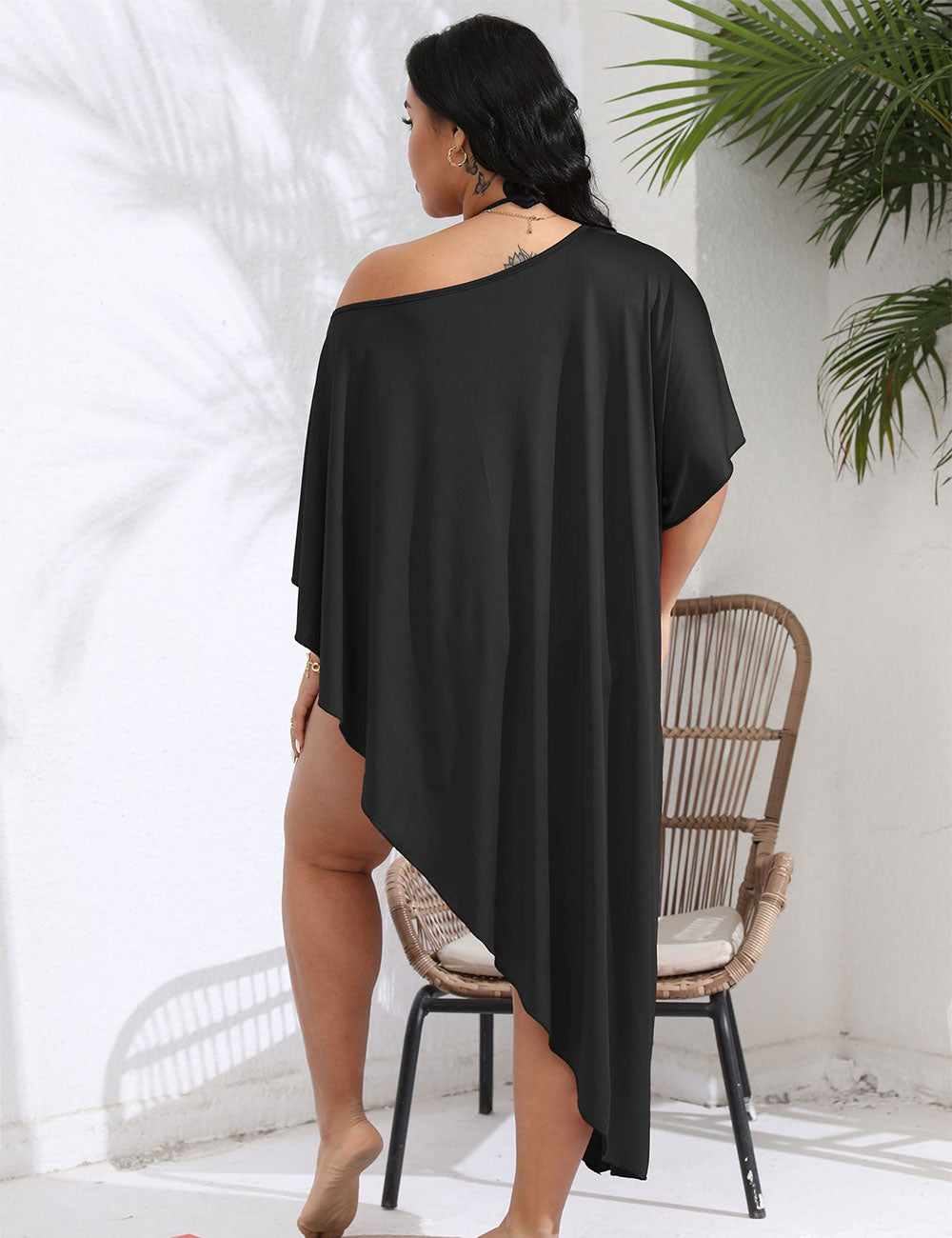 Plus Size Asymmetrical Beach Cover Up Dress Black 