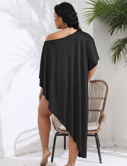 Plus Size Asymmetrical Beach Cover Up Dress Black 