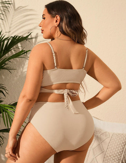 Plus Size Beige Colorblock Wrap High Waisted Bikini Set