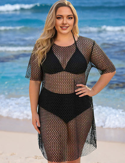 Plus Size Black Halter Bikini Set with Mesh Cover Up