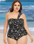 Plus Size Black Daisy One Shoulder One Piece Swimsuit