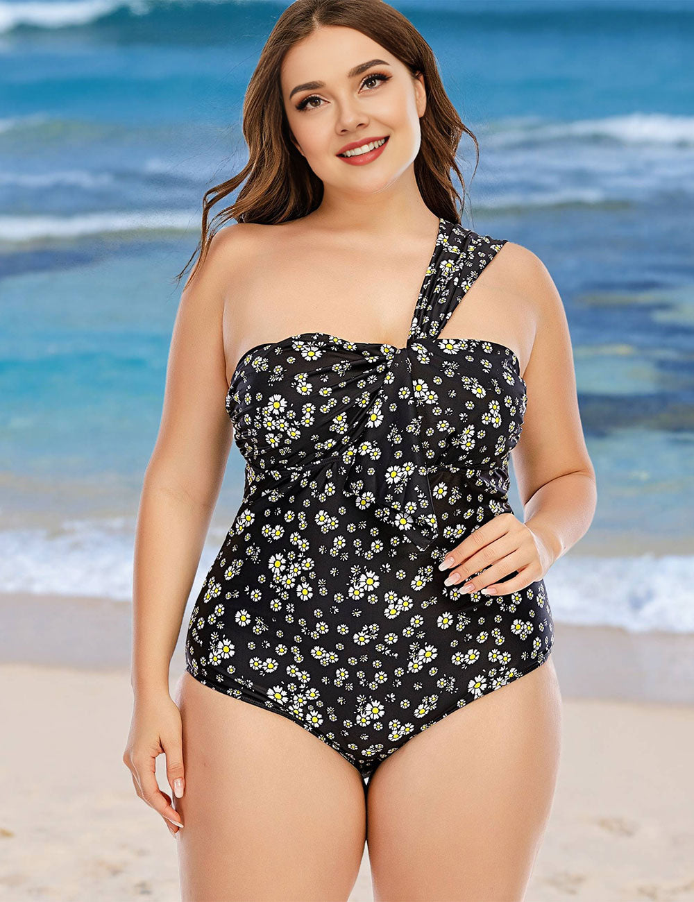 Plus Size Black Daisy Twist Front One Shoulder One Piece Bathing Suit