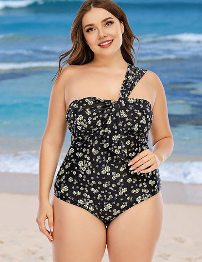 Plus Size Black Daisy Twist Front One Shoulder One Piece Bathing Suit