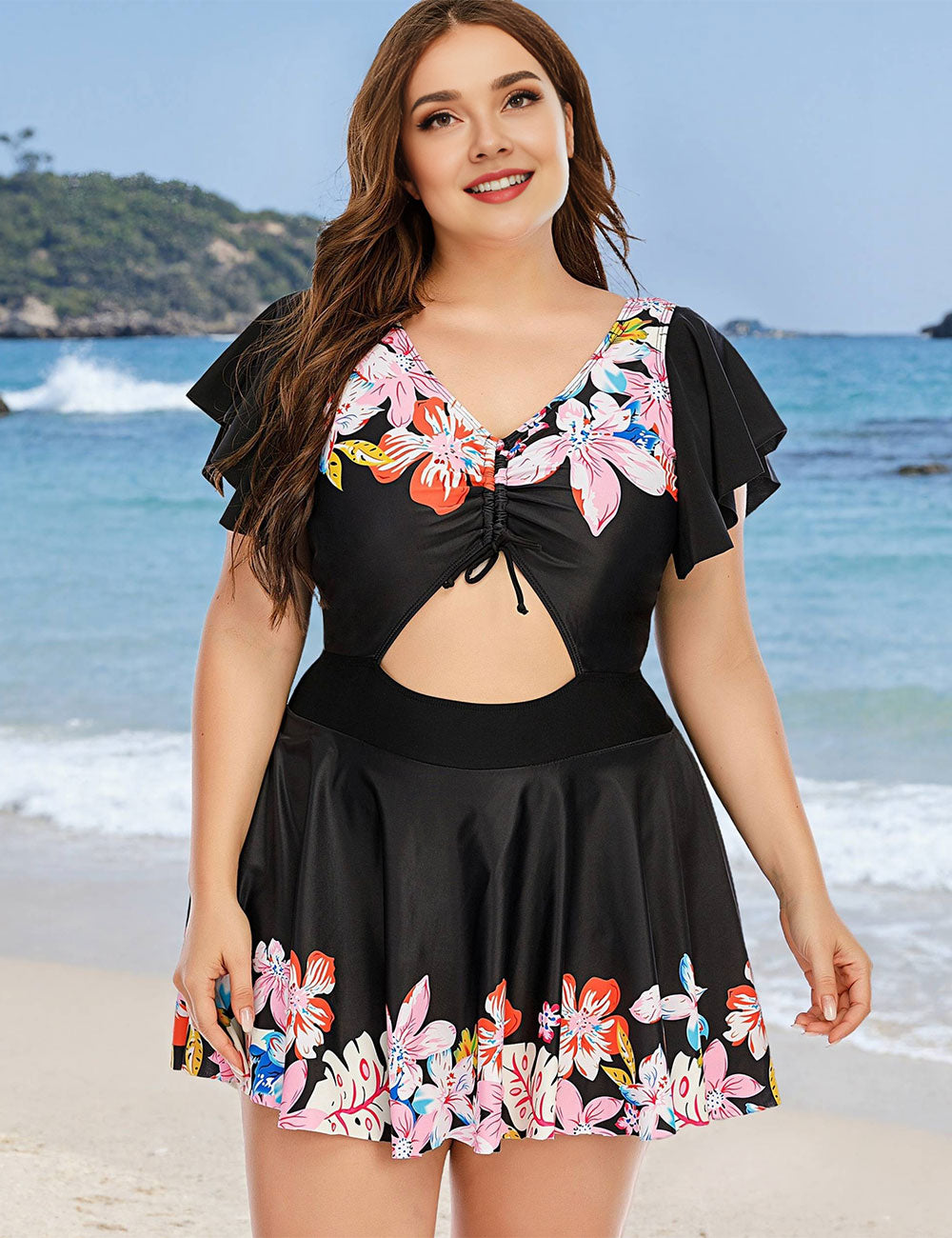 Plus Size Black Floral Ruched Cutout Swim Dress
