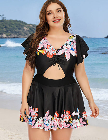 Plus Size Black Floral Ruched Cutout Swim Dress