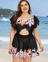 Plus Size Black Floral Ruched Cutout Swim Dress
