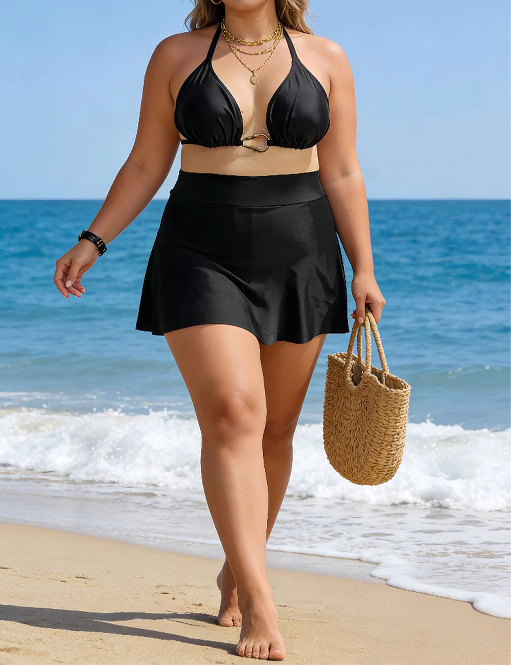 Plus Size Black Halter Bikini Set with High Waisted Skirt